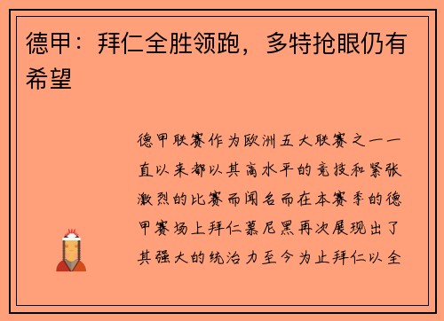 德甲：拜仁全胜领跑，多特抢眼仍有希望
