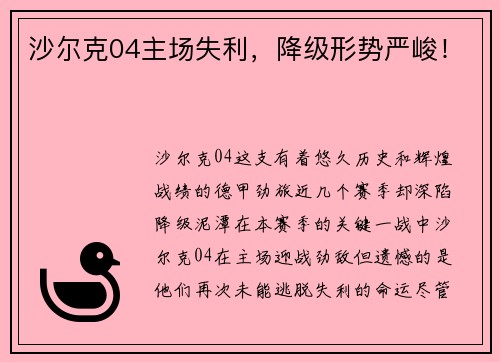 沙尔克04主场失利，降级形势严峻！